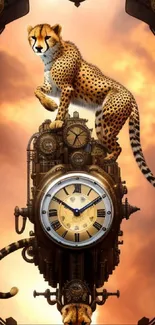 Cheetah on vintage clock with sunset backdrop in steampunk style.