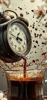 Vintage clock pouring coffee into a cup with floral accents.