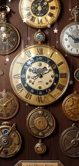 Vintage clocks elegantly arranged on a wooden background forming a unique design.