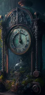 Vintage clock amidst lush greenery in a mystical forest setting.