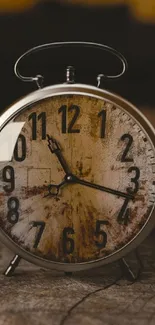 Vintage clock resting on a rustic wooden table.