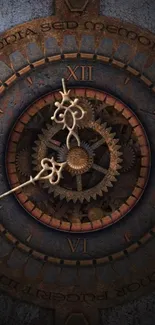 Steampunk-themed clock wallpaper with gears and roman numerals.