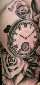 Vintage clock tattoo with roses and playing card design.