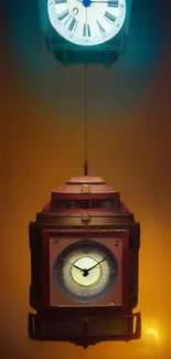 Vintage clock against glowing brown gradient for mobile wallpaper.