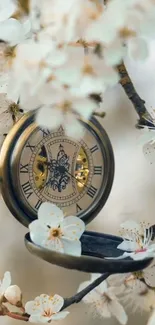 Vintage pocket watch nestled among blooming white flowers.