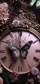 Vintage clock with butterflies and flowers on dark background.