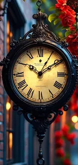 Vintage clock with red flowers and evening glow.