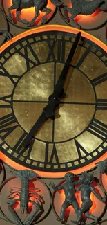 Vintage clock with zodiac symbols and orange glow background.