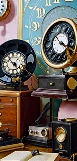 Vintage-themed wallpaper featuring elegant antique clocks and retro gadgets.