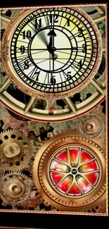 Vintage clockwork art with gears and dials on wallpaper.