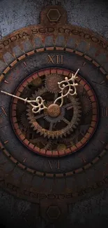 Intricate vintage clock with gears and Roman numerals on a rustic background.