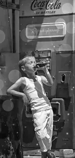 Boy enjoying Coca-Cola in vintage street scene, black and white.