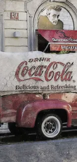 Vintage Coca-Cola truck parked by a classic diner.