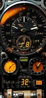 Close-up of vintage cockpit instruments with gauges and dials.
