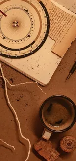 Vintage coffee-themed wallpaper with compass and earthy tones for mobile.