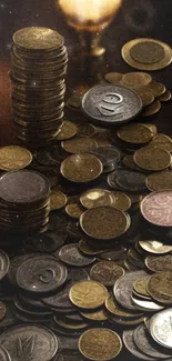 Vintage coins stacked with glowing background lamp.