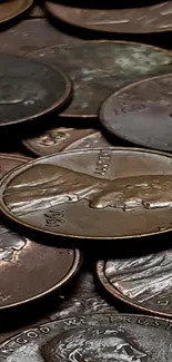 Vintage coins arranged closely with detailed textures on display.