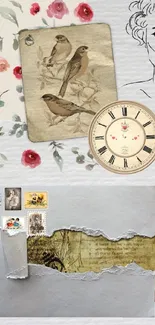 Vintage collage wallpaper with floral and bird designs.