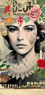 Artistic vintage collage of a woman with floral accents and typography.