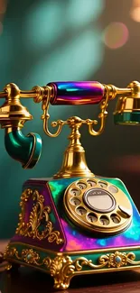Colorful vintage rotary phone with ornate details.