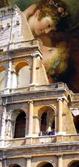 Vintage art blending with Colosseum architecture.