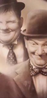 Vintage sepia artwork of a famous comedy duo in hats.