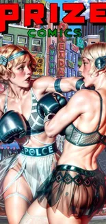 Vintage comic boxing scene with bold, colorful characters and urban backdrop.