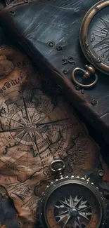 Vintage compass and map on leather background.