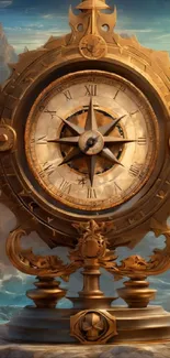 Vintage bronze clock with compass on rocky seaside.