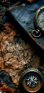 Vintage compasses on old map background wallpaper.