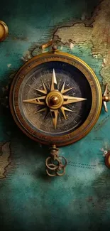 Vintage compass on old world map wallpaper.