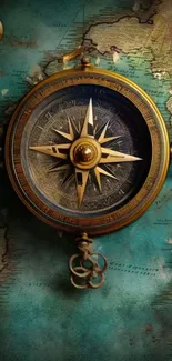 Vintage compass resting on an ancient world map background.