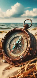 Vintage compass resting on sandy beach.