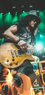 Vintage rock guitarist playing on stage with colorful lights.