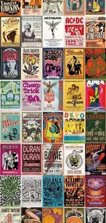 Vintage collage of colorful music band posters for mobile wallpaper.