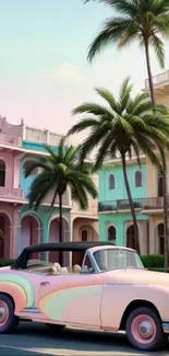 Pastel convertible on a palm-lined street with colonial buildings.