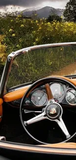 Vintage convertible car at countryside with scenic view.