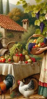 Vintage harvest scene with woman, fruits, and animals in a country setting.