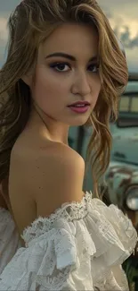 Portrait of woman in white lace dress with vintage car in countryside.