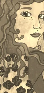 Vintage-style illustration of a curly-haired woman in sepia tones.