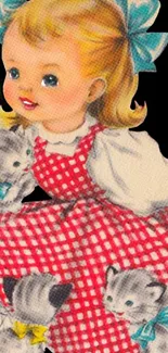 Vintage illustration of a girl in a red checkered dress with playful kittens.