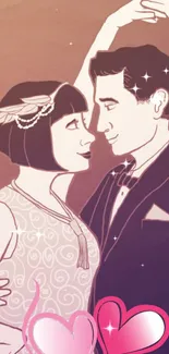 Art Deco style couple dancing with hearts and stars in a vintage illustration.