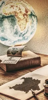 Vintage desk with globe and map, perfect for nostalgia lovers.