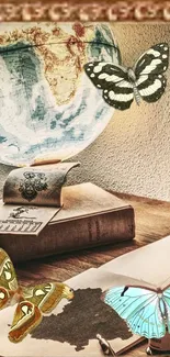 Vintage desk with illuminated globe and antique decor.