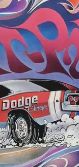 Psychedelic Dodge Charger artwork with vibrant colors and classic design.