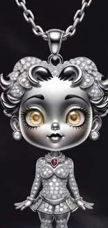 Silver vintage doll pendant with metallic charm.