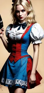 Vintage cosplay character with revolver, blue and red costume, artistic wallpaper.