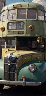 Vintage double-decker bus on city street, nostalgic charm.