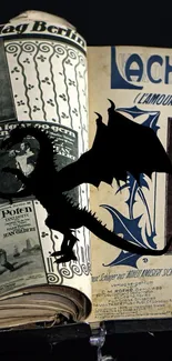 Dragon silhouette over vintage newspapers creates a mystic phone wallpaper.