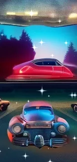 Vintage drive-in wallpaper with classic cars and a retro scene.